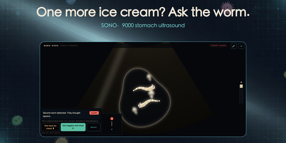 Tiny Doctor stomach ultrasound screen finding a silly ice-cream worm in a kid's tummy