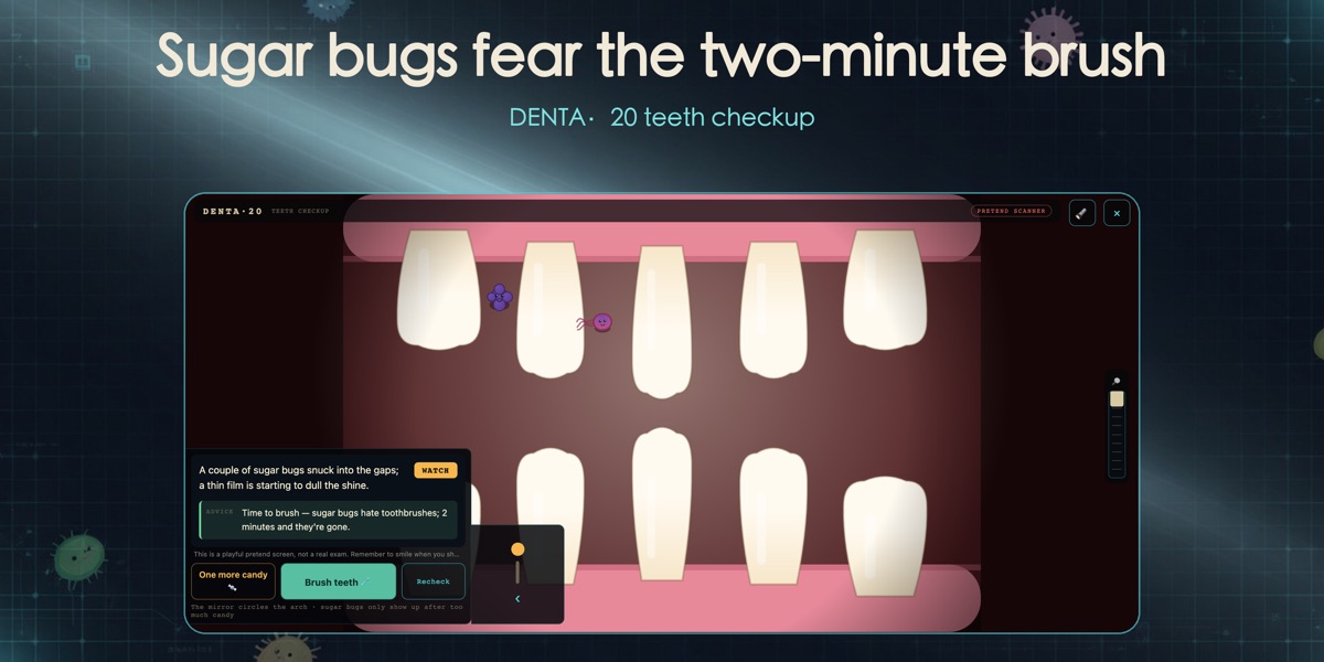 Tiny Doctor teeth checkup screen showing sugar bugs before tooth brushing